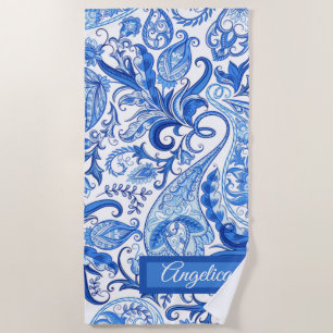 Custom Beautiful Blue White Floral Paisley Pattern Beach Towel