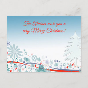 Custom Beautiful Blues Tree & Flowers God Bless Holiday Postcard