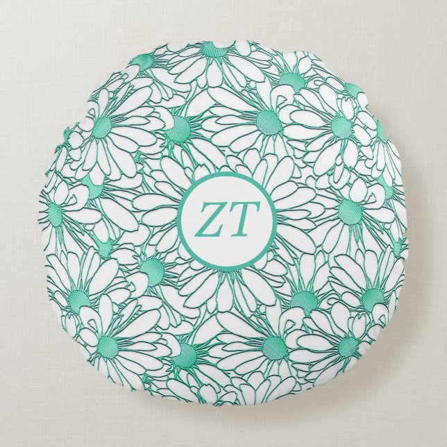 Custom Beautiful Teal and White Floral Round Cushion (Front)