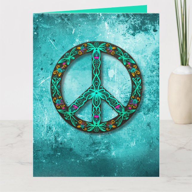 Custom Beautiful Teal Pink Green Peace Sign Card (Front)