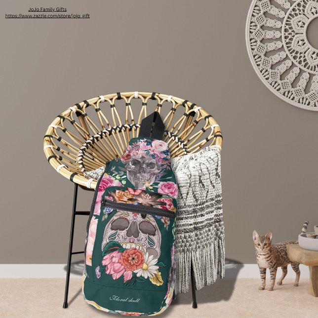 Custom beautiful watercolor painting floral skull sling bag (Elegant watercolor floral skull sling bags, olive green backdropp for her. Pesonalized bags for girl)