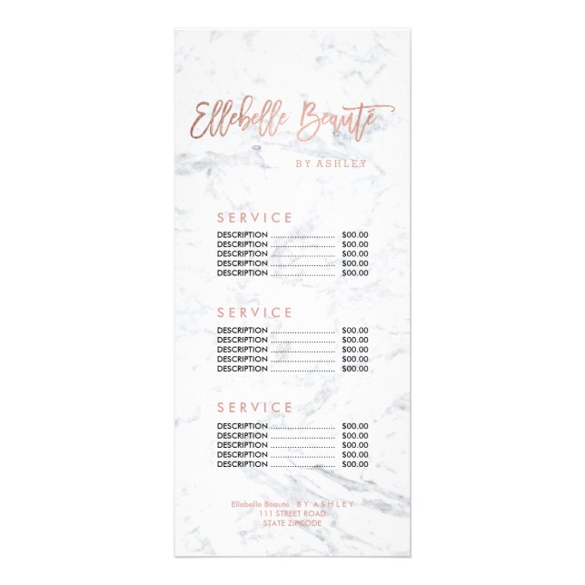 Custom beauty faux gold marble price list rack card (Front)