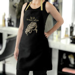 Custom Beauty Salon Co. Name Black & Gold Staff Apron<br><div class="desc">you and your staff will look adorable clipping, dying, and blow drying locks in this minimal, simple, and chic branded apron with space for your business name, employees name, or anything else you'd like to include. Design features medium sized simple silhouette of a women's flowing long hair in gold metallic...</div>