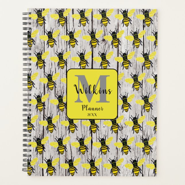 Custom Bee Illustration Rustic Wood Design Planner (Front)