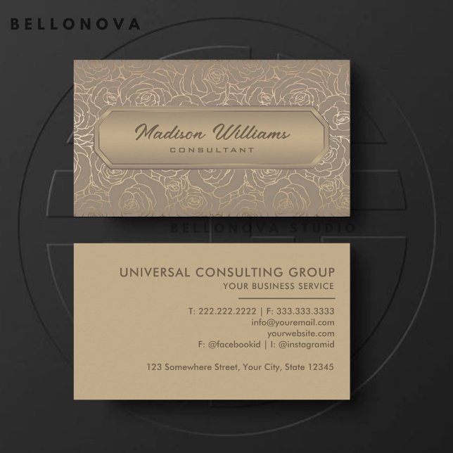 Custom Beige Brown Grey Gold Flowers Professional  Business Card (Custom Beige Brown Grey Gold Flowers Professional Business Card)