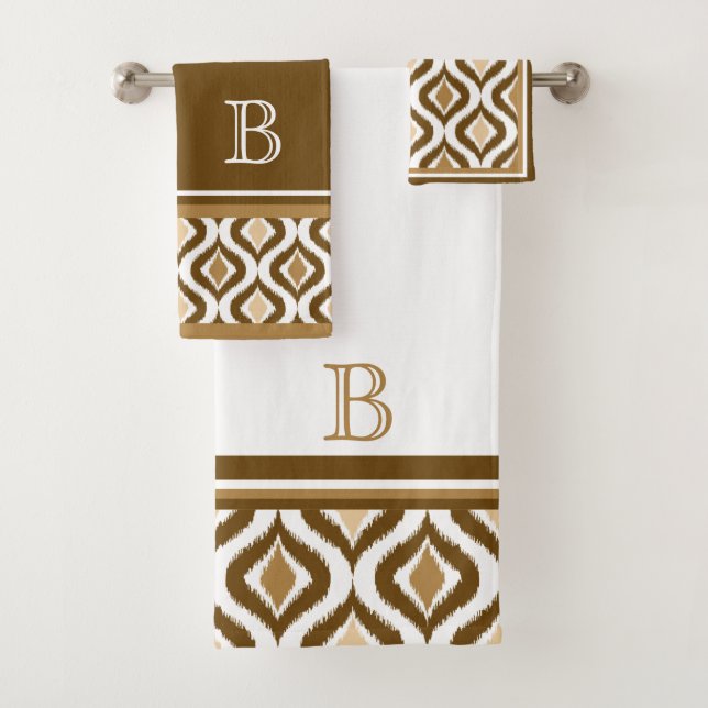 Custom Beige Brown White Retro Chic Ikat Ogee Bath Towel Set (Insitu)