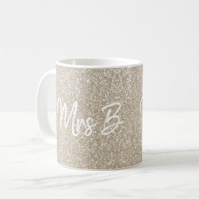 Custom Beige Champagne Mrs Initial Glitter Coffee Mug (Front Left)