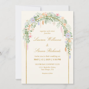 Custom Beige Green Blue Gold Floral Arch Wedding Invitation