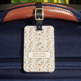 Custom Beige Green Pastel Floral Flowers Pattern Luggage Tag