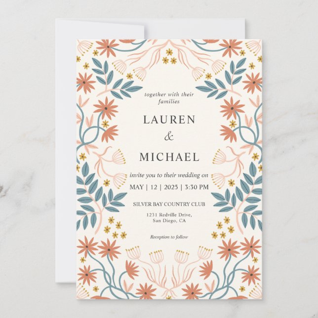 Custom Beige Pink Peach Terracotta Blossom Wedding Invitation (Front)