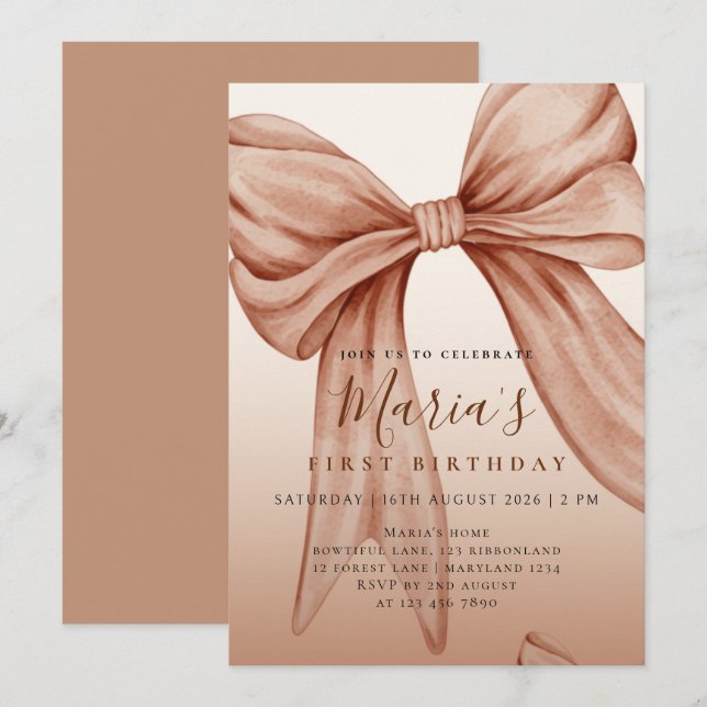 Custom Beige Watercolor Bow First Birthday Invitation (Front/Back)