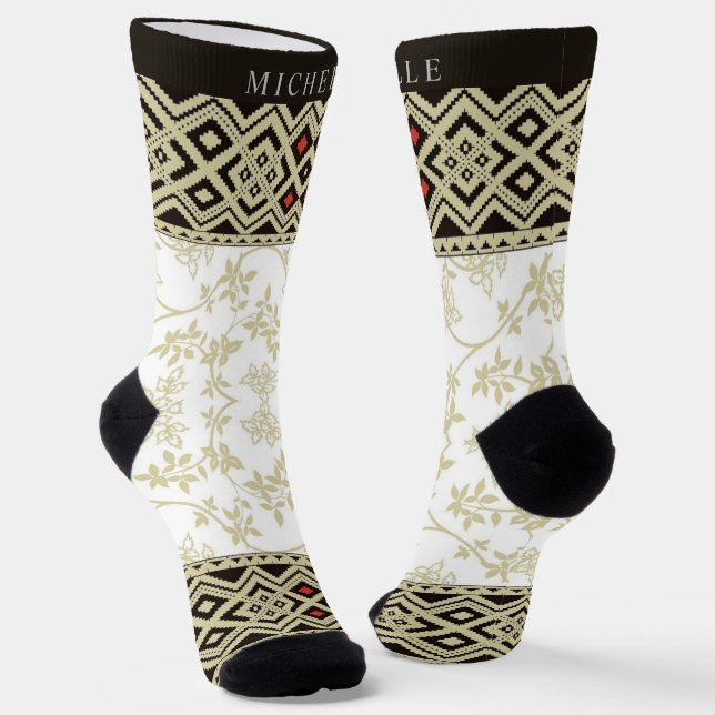 Custom Beige White Gold Red Floral  Aztec Pattern Socks (Angled)