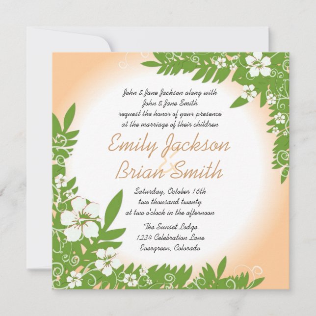 Custom beige white hibiscus wedding invitations (Front)