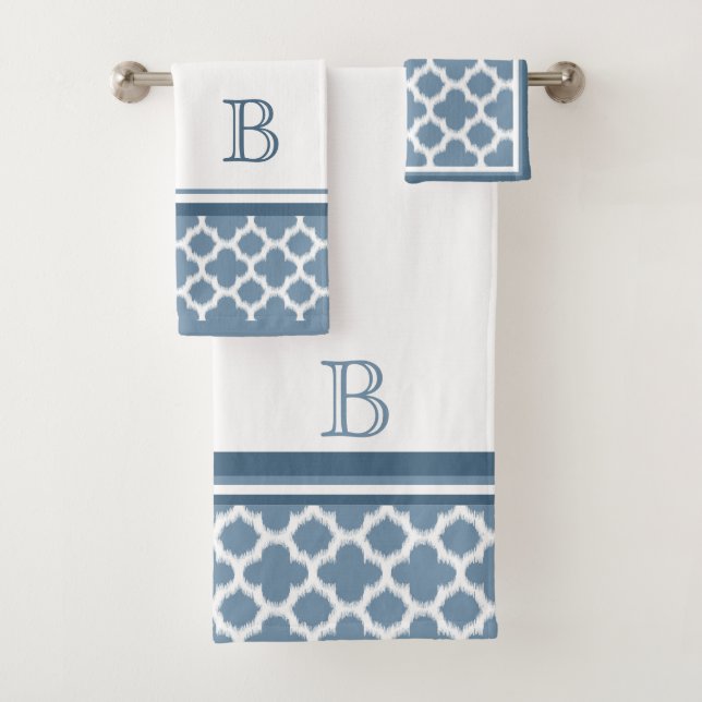 Custom Bermuda Grey Blue White Ikat Quatrefoil Art Bath Towel Set (Insitu)