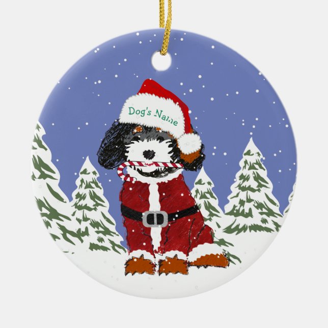 Custom Bernedoodle Santa Dog Ceramic Tree Decoration (Front)