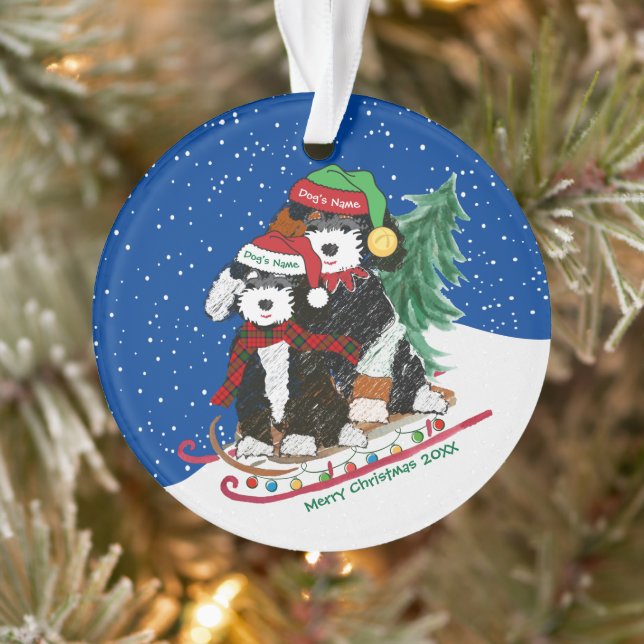 Custom Bernedoodles Decorated Christmas Sled Ornament (Tree)