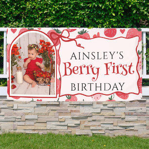 Custom Berry First Coquette Pink Bow 1st Birthday Banner