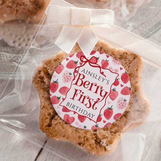 Custom Berry First Coquette Pink Bow 1st Birthday Classic Round Sticker (Creator Uploaded)
