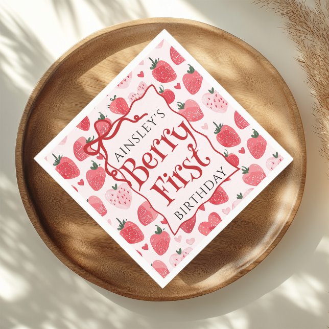 Custom Berry First Coquette Pink Bow 1st Birthday Napkin (Creator Uploaded)