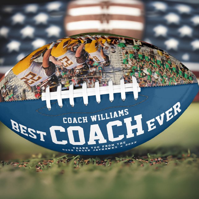 Custom BEST COACH EVER Modern Cool Thank You Photo American Football (Touchdown gratitude! Our 'Best Coach Ever' football )