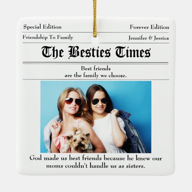 Custom Best Friends Newspaper 2 Photo Ceramic Ornament (Back)