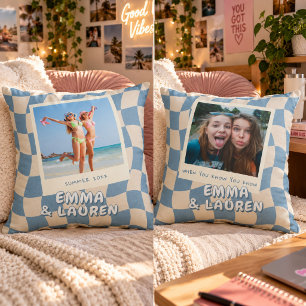 Custom Best Friends Photo Blue Wavy Chequered Cushion