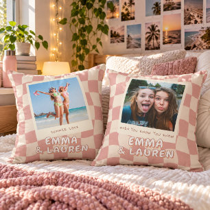 Custom Best Friends Photo Pink Wavy Chequered Cushion