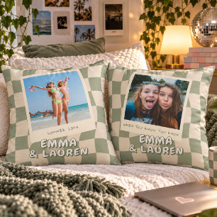 Custom Best Friends Photo Sage Wavy Chequered Cushion