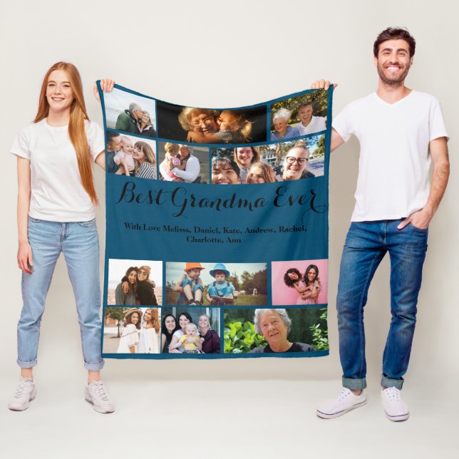 Custom Best Grandma Ever 12 Photo Collage Elegant Fleece Blanket (In Situ)