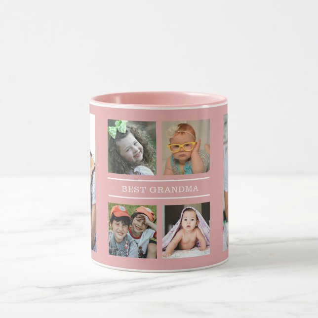 Custom Best Grandma Grandkids 6 Photo Collage Pink Mug (Center)