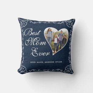 Custom Best Mum Ever Navy Blue White Heart Photo Cushion