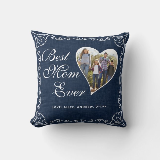 Custom Best Mum Ever Navy Blue White Heart Photo Cushion (Front)