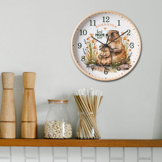 Custom Best Mum Ever Watercolor Marmots Wood Wall  Clock (Creator Uploaded)