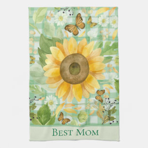 Custom Best Mum Green Gingham Sunflower Butterfly Tea Towel