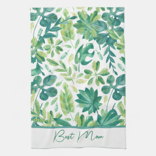 Custom Best Mum Tropical Monstera Leaf Green Teal Tea Towel