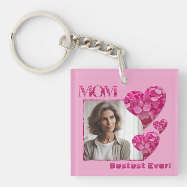 Custom Bestest Mum Ever Photo Floral Heart Pink Key Ring (Front)