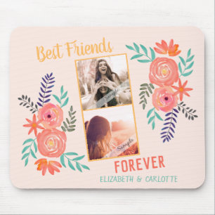 Custom BFF 2 Photo Coral Pink Watercolor Flower Mouse Mat