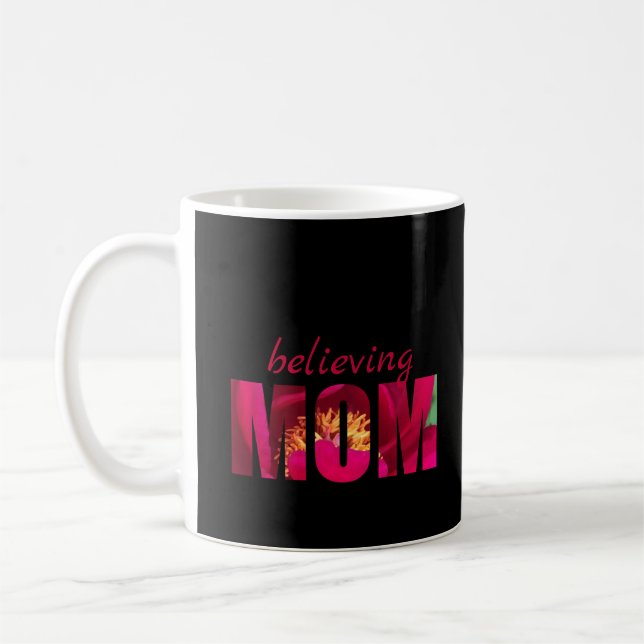 Custom Bible Verse Believing Mum Pink Floral Black Coffee Mug (Left)