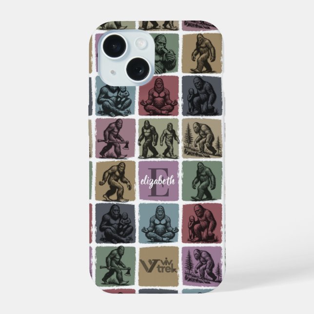 Custom Bigfoot Name Initial Retro Forest Art iPhone 15 Case (Back)