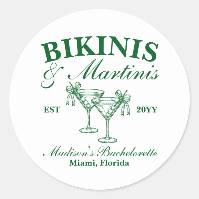 Custom Bikinis and Martinis Bachelorette Party Classic Round Sticker (Front)