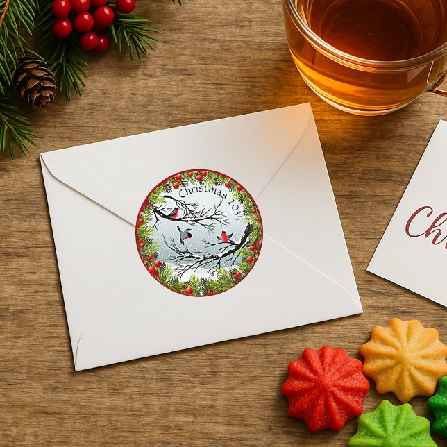 Custom Birds In Snow Pine Needles Red Berries Classic Round Sticker (Creator Uploaded)
