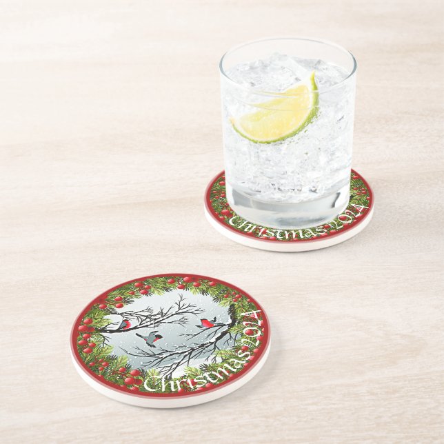 Custom Birds In Snow Pine Needles Red Berries Coaster (Side)