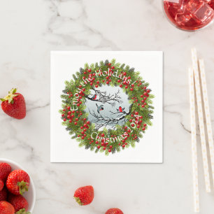 Custom Birds In Snow Pine Needles Red Berries Napkin