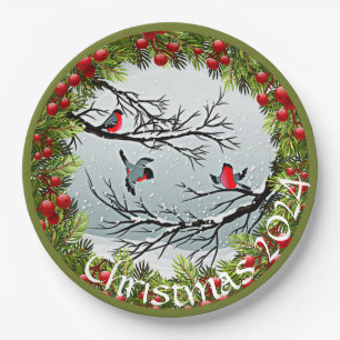Custom Birds In Snow Pine Needles Red Berries Paper Plate