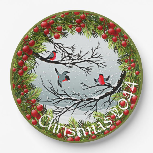 Custom Birds In Snow Pine Needles Red Berries Paper Plate (Front)
