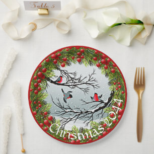 Custom Birds In Snow Pine Needles Red Berries Paper Plate