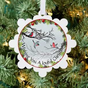 Custom Birds In Snow Pine Needles Red Berries Tree Decoration Card