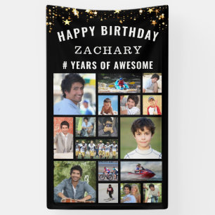 Custom Birthday 17 Photo Collage Black Gold Stars Banner