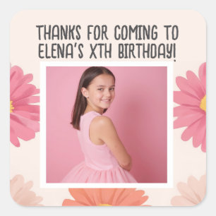 Custom Birthday Add Photo Name Age Thanks Floral Square Sticker