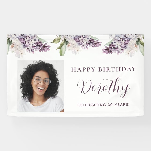 Custom Birthday Banner Photo 30th Purple Floral (Horizontal)